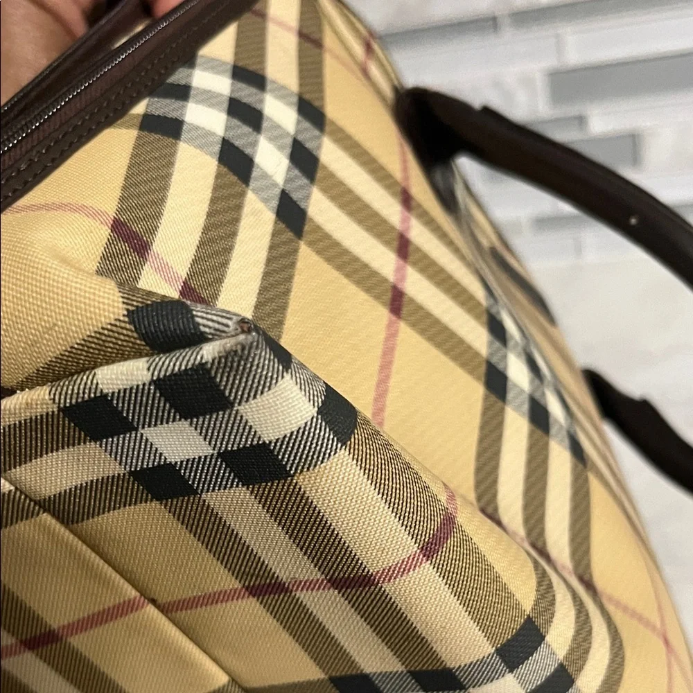 Classic Plaid Dome Satchel Handbag - Beige/Tan with Dark Brown Trim - Picture 10 of 11